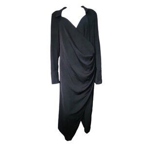 Asos Design Curve Dress Womens Size 16 Solid Black Collared Long Sleeve Surplice